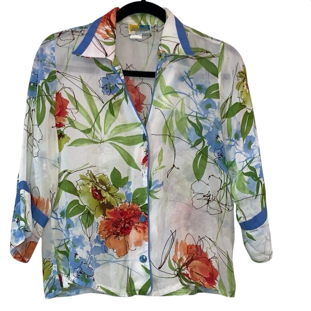 Vintage Sea Suns Floral Blouse XS Petite Sheer Button Front Cottagecore Top